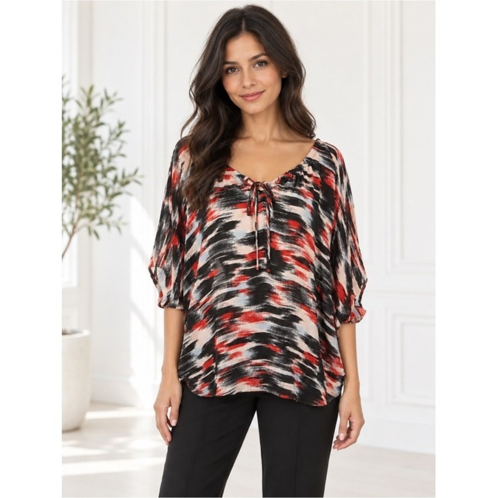 Parker Silk Abstract Ikat Print Dolman Sleeve Tie Neck Blouse Red Black SZ XS